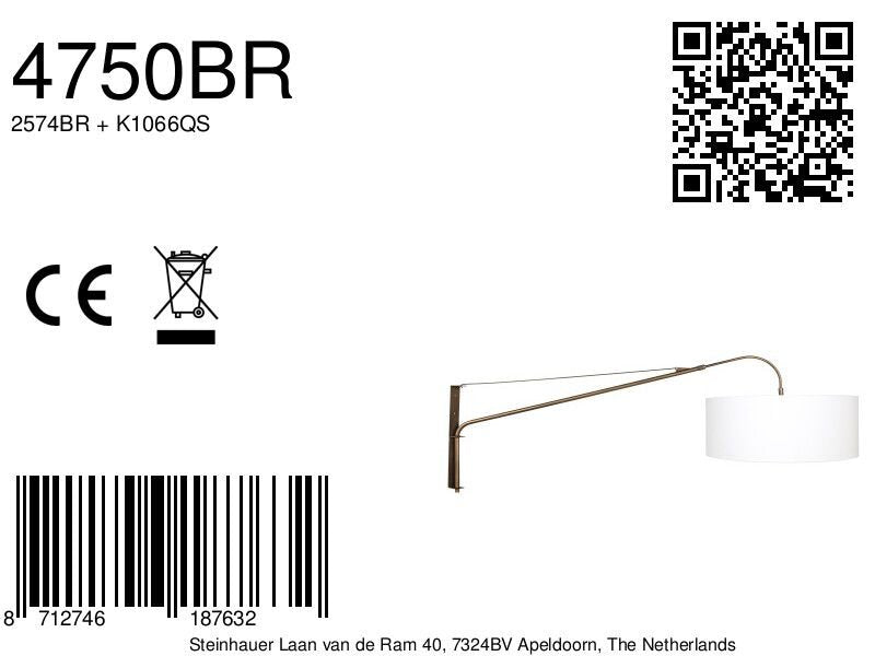 Wandlamp elegant classy 4750br brons met grof wit linnen kap ø50 cm