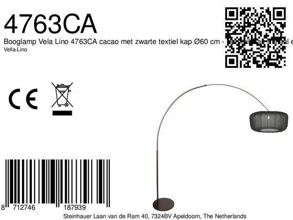 Booglamp vela lino 4763ca cacao met zwarte textiel kap ø60 cm