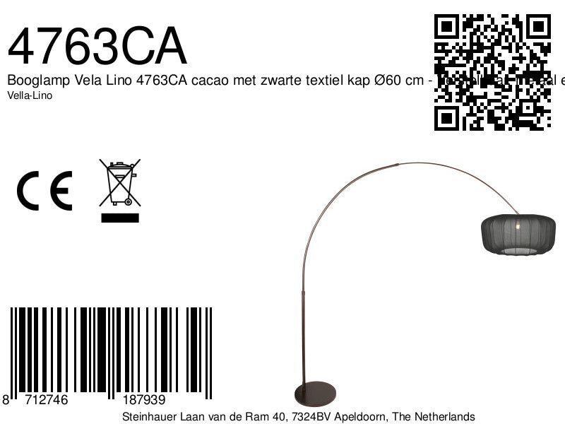 Booglamp vela lino 4763ca cacao met zwarte textiel kap ø60 cm