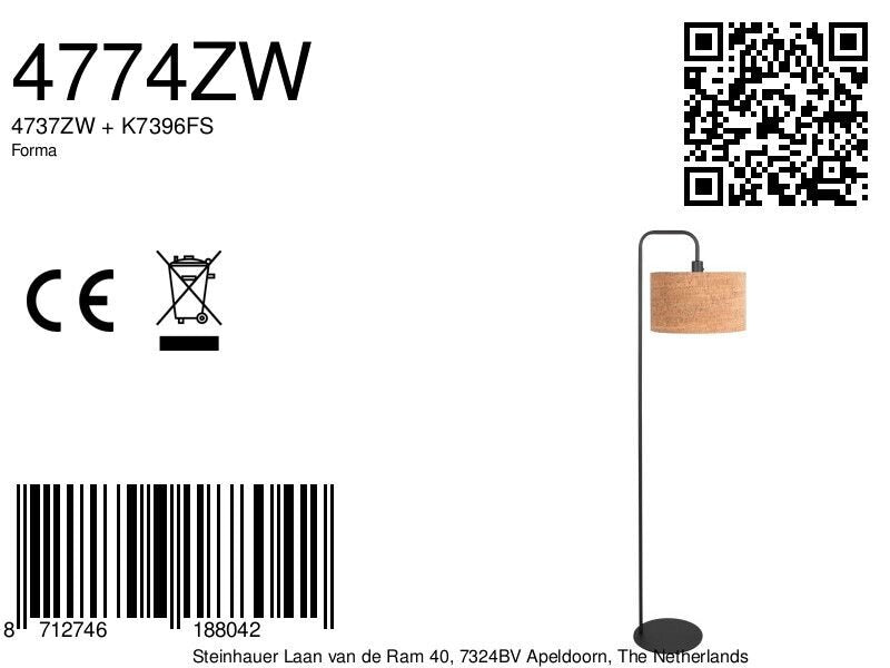 Stang 4774zw, zwarte vloerlamp met kurk kap