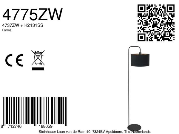 Stang 4775zw, zwarte vloerlamp met fijn linnen kap