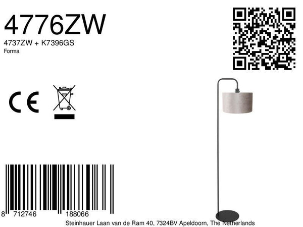 Vloerlamp stang 4776zw zwart met grijs/taupe velours kap