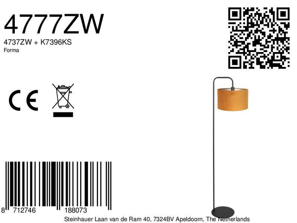 Vloerlamp stang 4777zw zwart met goud/geel velours kap