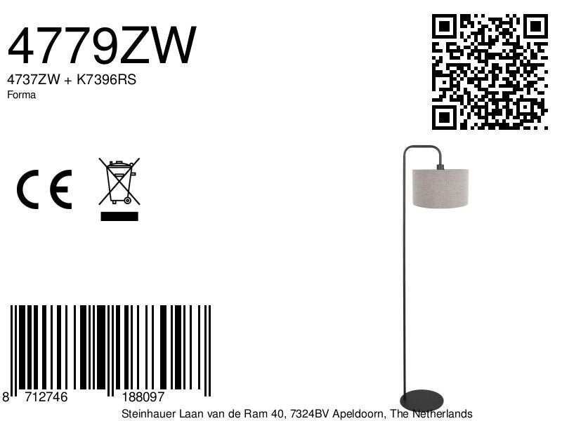 Vloerlamp stang 4779zw zwart met grof grijs linnen kap