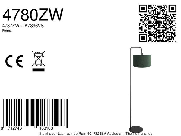 Vloerlamp stang 4780zw zwart met groene velours kap