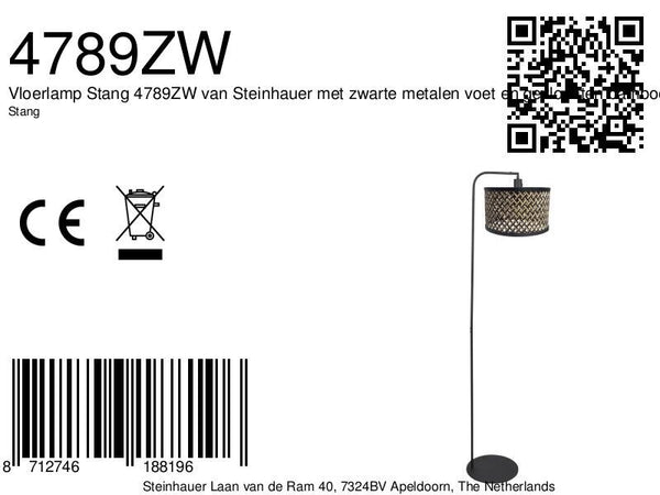 Vloerlamp stang 4789zw met gevlochten bamboe kap