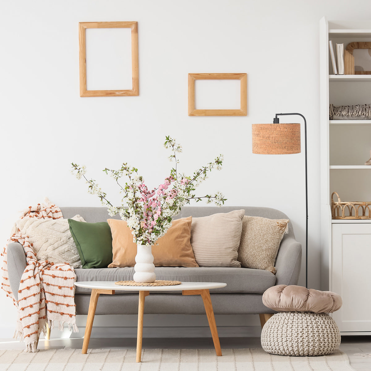 Vloerlamp stang 4790zw met beige kurkstructuur kap
