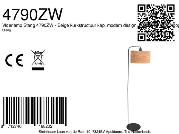 Vloerlamp stang 4790zw met beige kurkstructuur kap