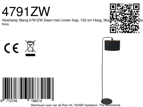 Vloerlamp stang 4791zw met zwart linnen kap