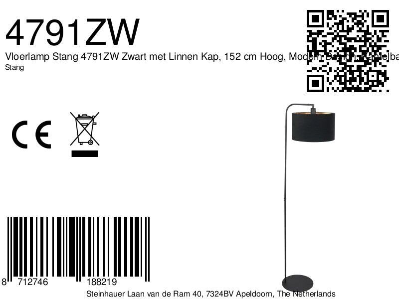 Vloerlamp stang 4791zw met zwart linnen kap