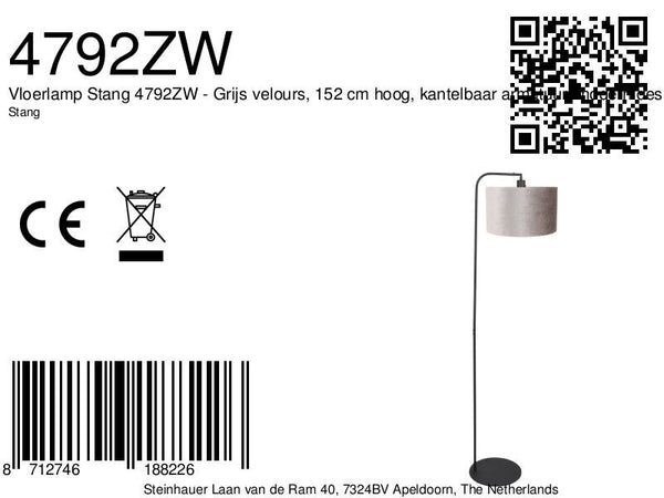 Vloerlamp stang 4792zw met grijze velours kap