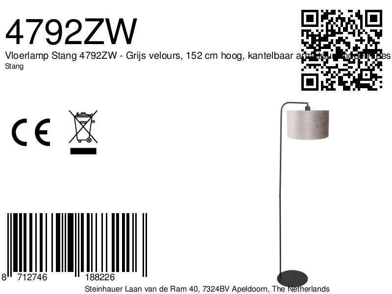 Vloerlamp stang 4792zw met grijze velours kap