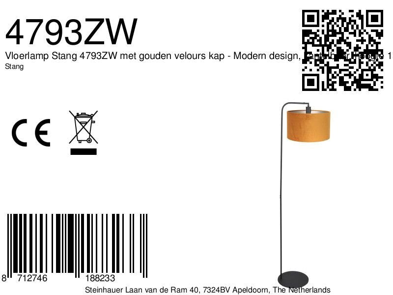 Vloerlamp stang 4793zw met gouden velours kap