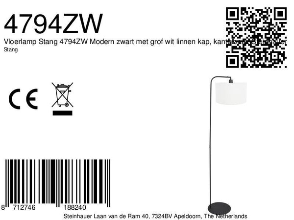 Vloerlamp stang 4794zw met grof wit linnen kap