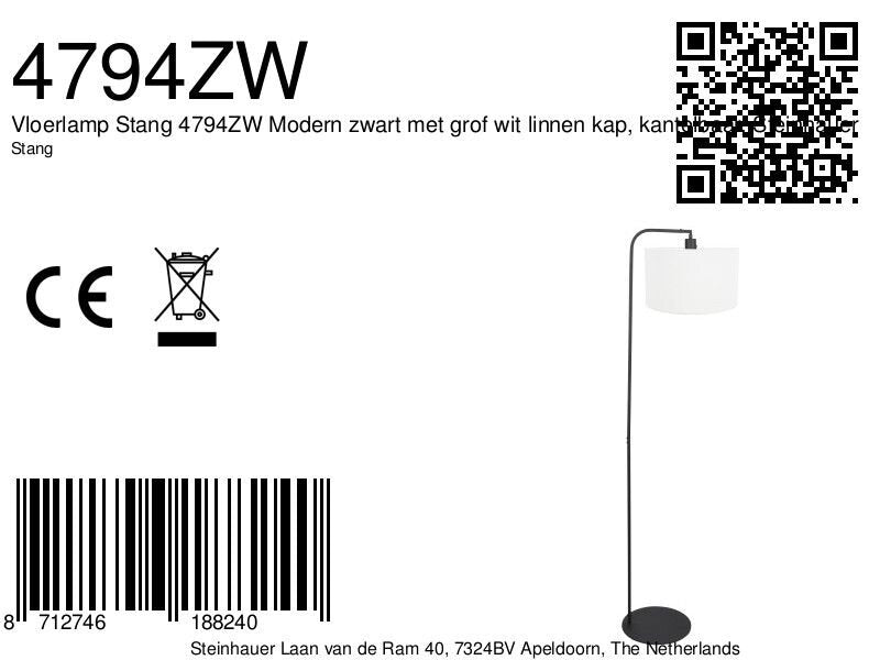 Vloerlamp stang 4794zw met grof wit linnen kap