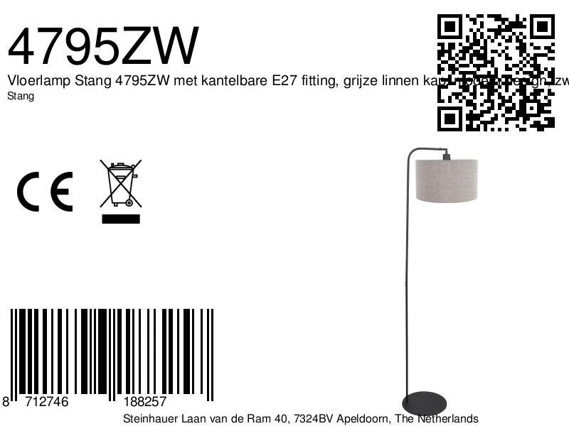 Vloerlamp stang 4795zw met grof grijze linnen kap