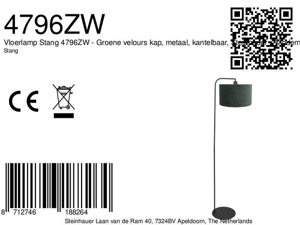 Vloerlamp stang 4796zw met groene velours kap