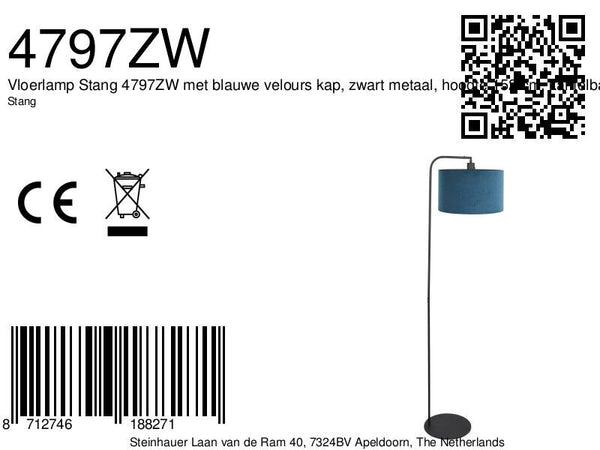 Vloerlamp stang 4797zw met blauwe velours kap