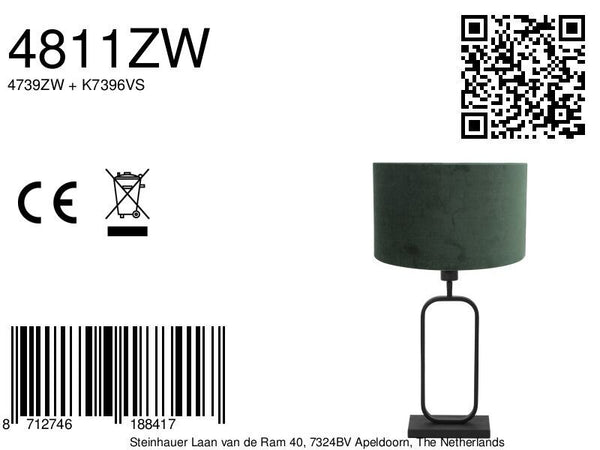 Tafellamp stang 4811zw met groene velours kap voor sfeerlicht