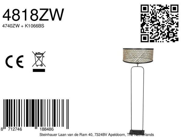 Vloerlamp stang 4818zw - zwart armatuur met bamboe kap