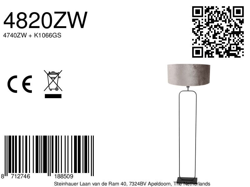 Vloerlamp stang 4820zw - zwart armatuur met grijze velours kap