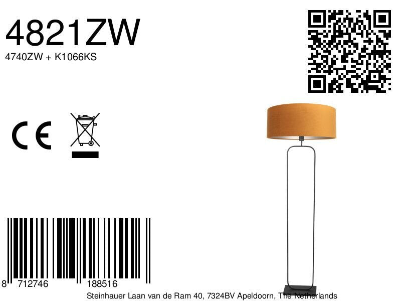 Vloerlamp stang 4821zw - zwart armatuur met gouden velours kap
