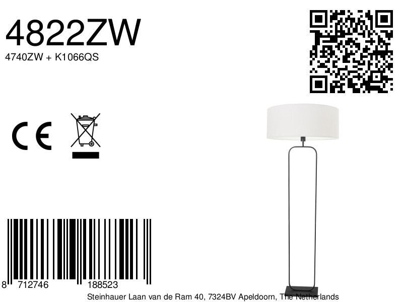Vloerlamp stang 4822zw - zwart armatuur met wit linnen kap