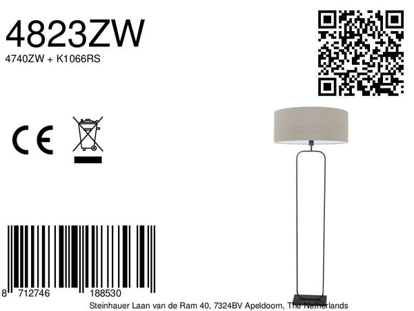 Vloerlamp stang 4823zw - zwart armatuur met grijs linnen kap