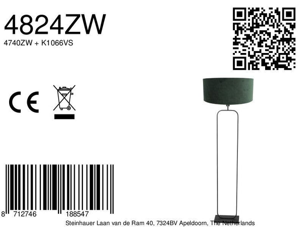 Vloerlamp stang 4824zw - zwart armatuur met groene velours kap