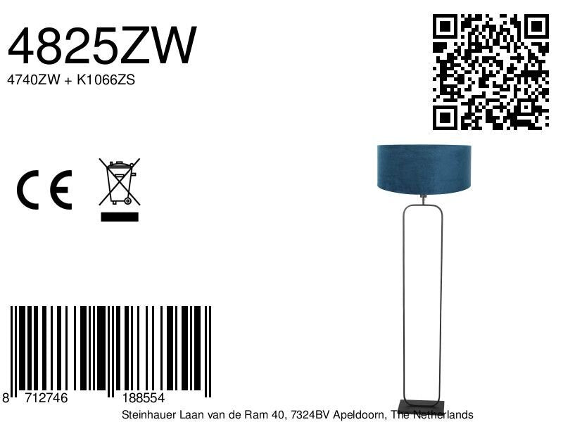 Vloerlamp stang 4825zw - zwart armatuur met blauwe velours kap