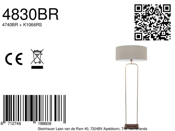 Vloerlamp stang 4830br - brons armatuur met grijs linnen kap