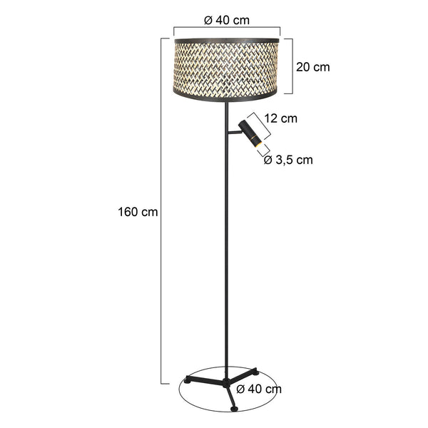 Vloerlamp stang 4832zw met leeslicht en gevlochten bamboe kap