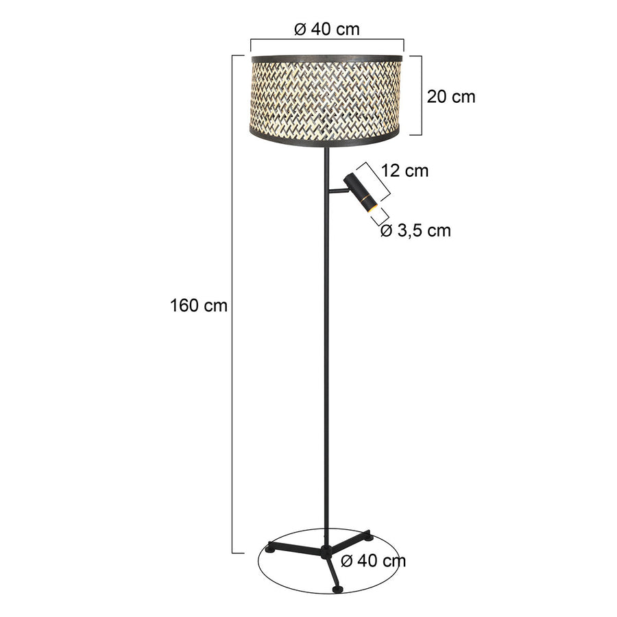 Vloerlamp stang 4832zw met leeslicht en gevlochten bamboe kap