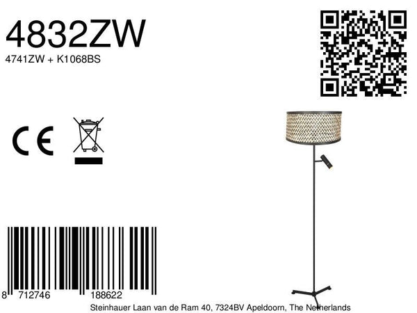 Vloerlamp stang 4832zw met leeslicht en gevlochten bamboe kap