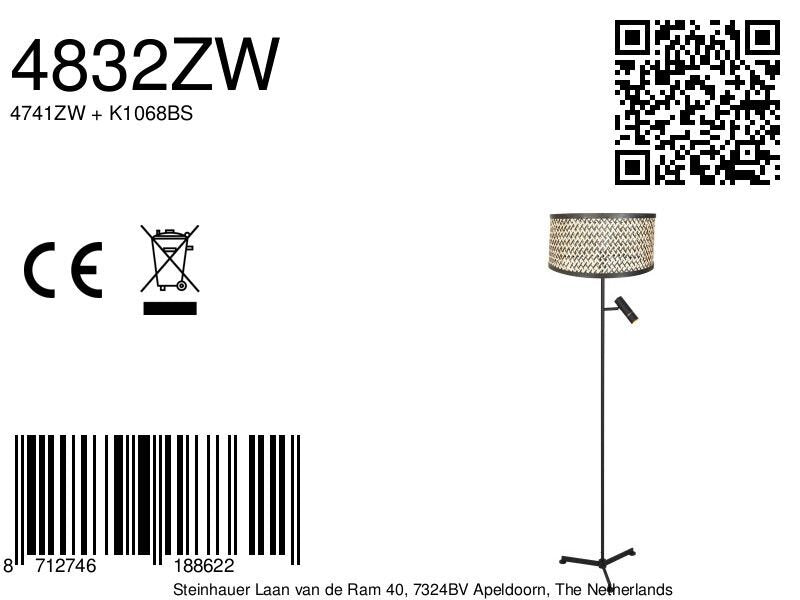 Vloerlamp stang 4832zw met leeslicht en gevlochten bamboe kap