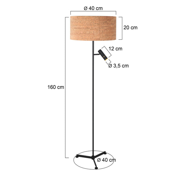 Vloerlamp stang 4833zw met leeslicht en beige kurk kap