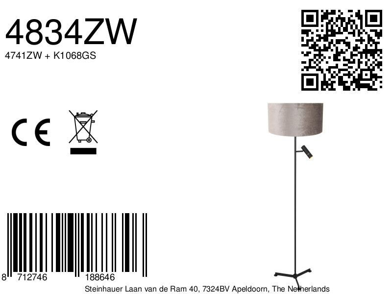Vloerlamp stang 4834zw met leeslicht en grijze velours kap