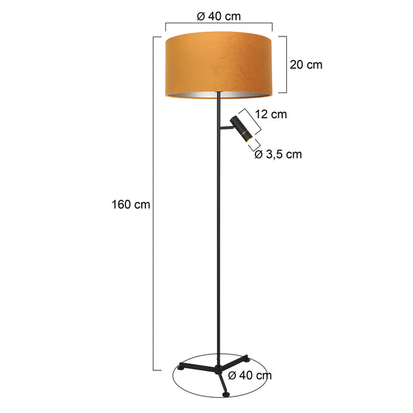 Vloerlamp stang 4835zw met leeslicht en gouden velours kap
