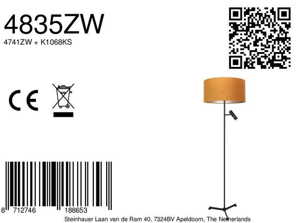 Vloerlamp stang 4835zw met leeslicht en gouden velours kap