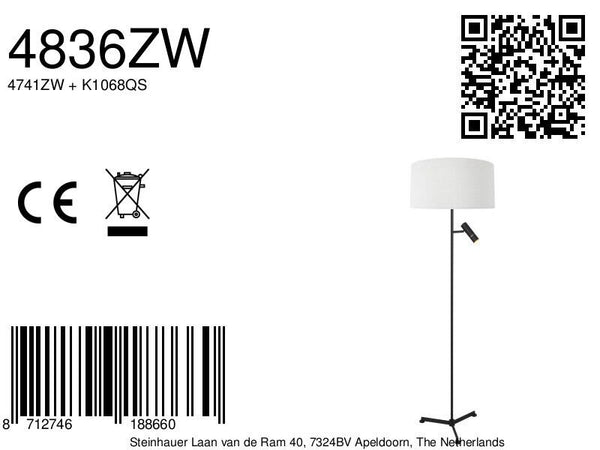 Vloerlamp stang 4836zw met leeslicht en witte kap