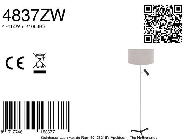 Vloerlamp stang 4837zw met leeslicht en grijze kap