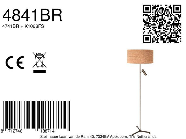 Vloerlamp stang 4841br met leeslicht en beige kurk kap