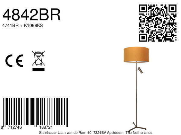 Vloerlamp stang 4842br met leeslicht en gouden velours kap