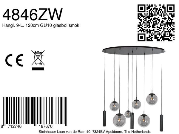 Zwarte hanglamp bollique 4846zw, 9-lichts design voor eettafel