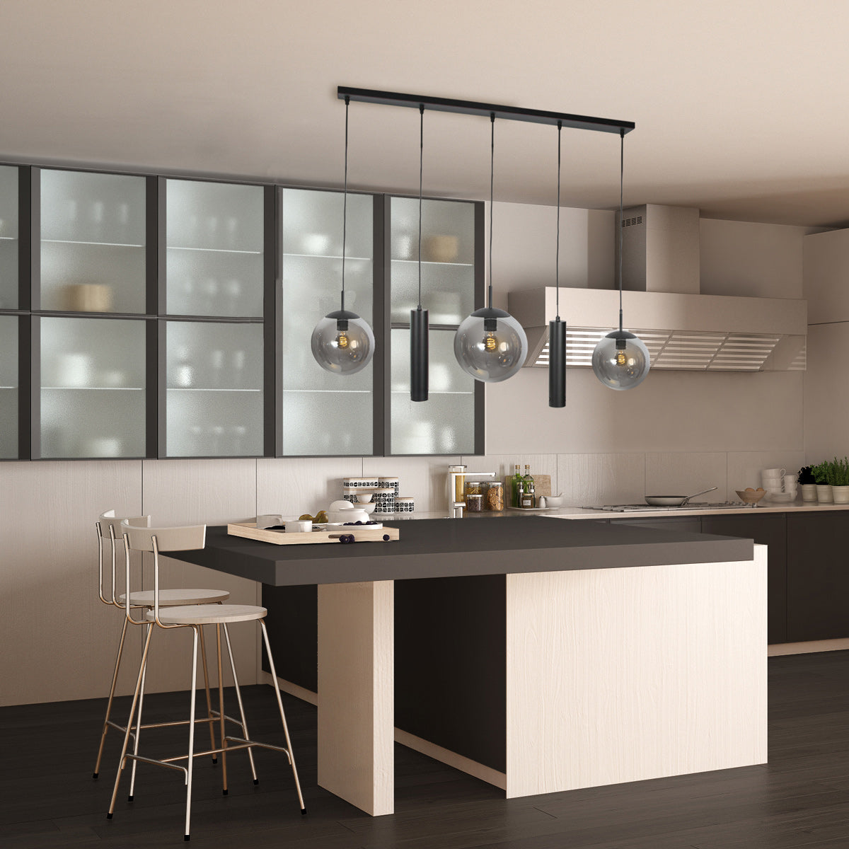 Zwarte hanglamp bollique 4847zw, 5-lichts voor eettafel