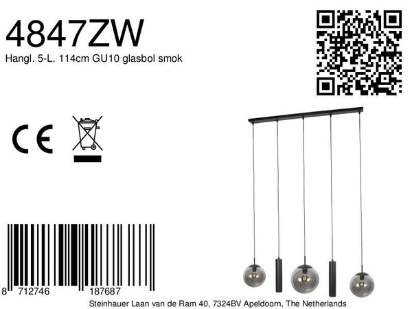 Zwarte hanglamp bollique 4847zw, 5-lichts voor eettafel