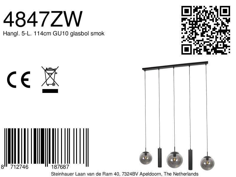 Zwarte hanglamp bollique 4847zw, 5-lichts voor eettafel