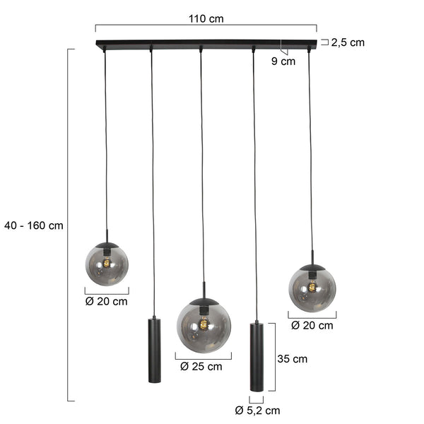 Zwarte hanglamp bollique 4847zw, 5-lichts voor eettafel