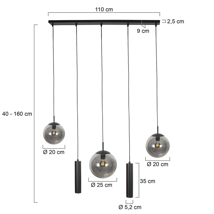 Zwarte hanglamp bollique 4847zw, 5-lichts voor eettafel