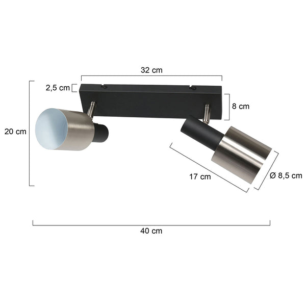 Plafondlamp fjorgard 4849zw - 2-lichts spot in zwart met metaal